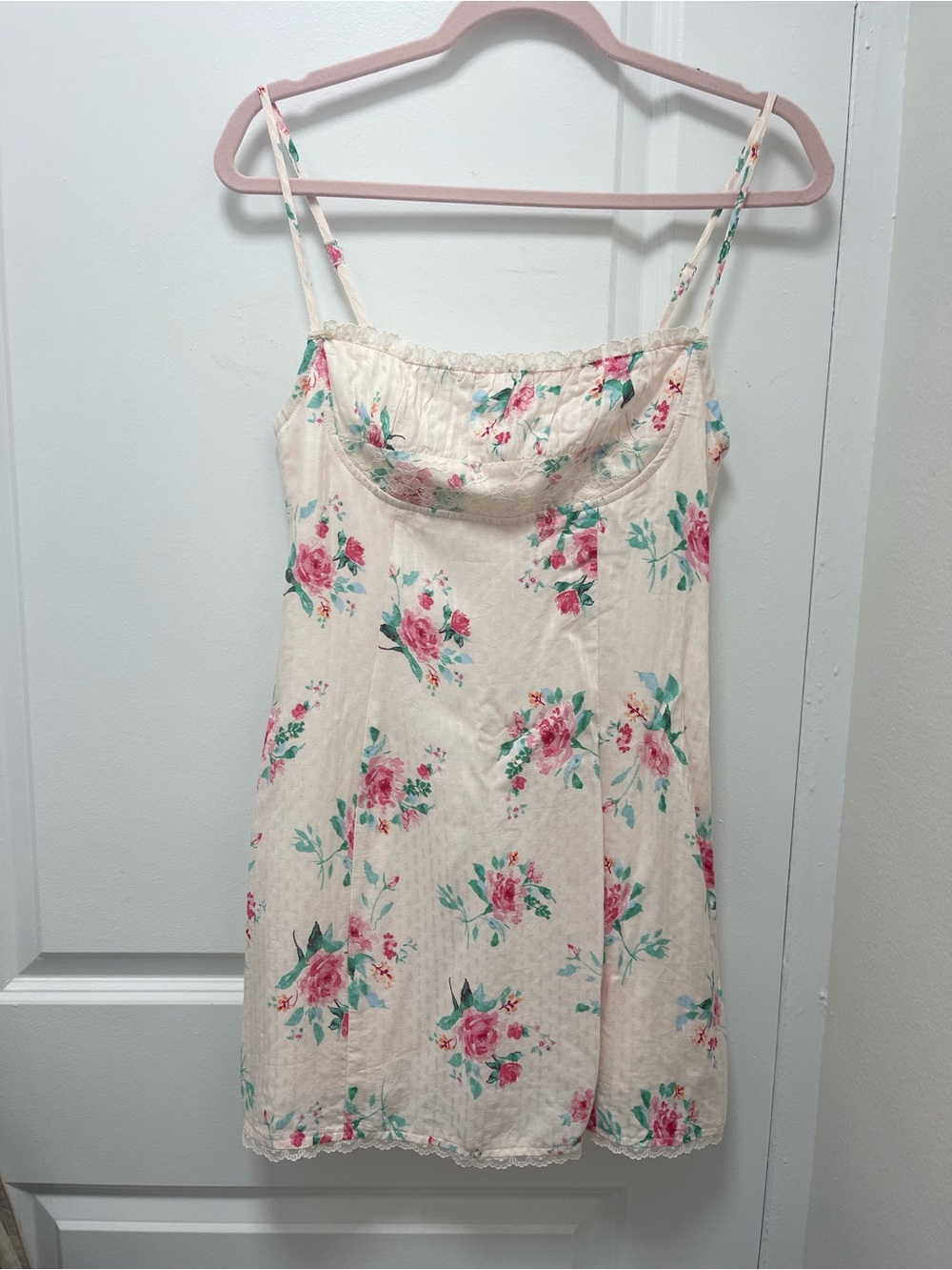Floral Cream Mini Slip Dress with Pink Rose Print